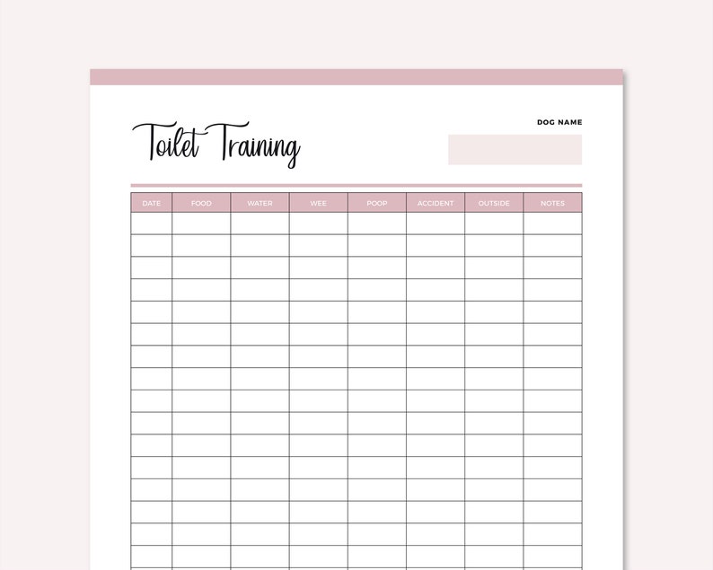 Pode incluir: Um gr&aacute;fico de treino para ir ao banheiro para c&atilde;es imprim&iacute;vel. O gr&aacute;fico tem colunas para data, coc&ocirc;, &aacute;gua, xixi, comida, acidente, fora e notas.