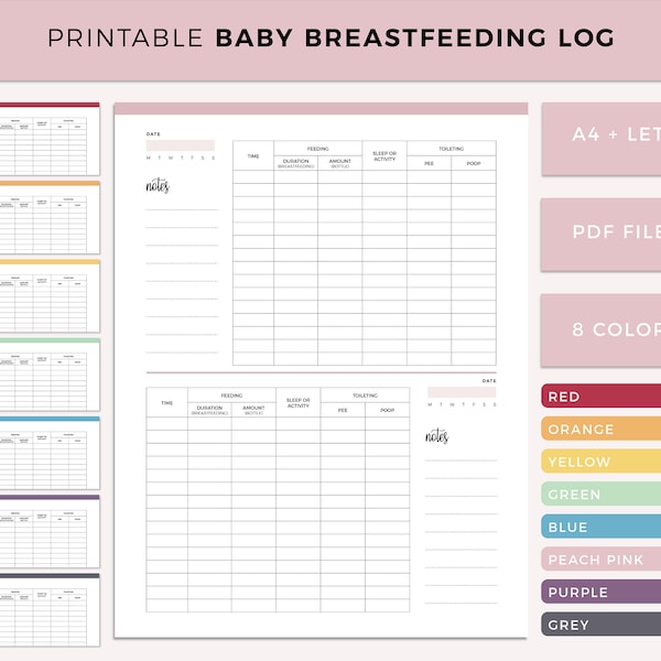 Printable baby breastfeeding log, newborn baby report, sheet, daily baby tracker for breast feeding record and toileting, instant download