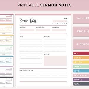Printable Sermon Notes, Print at Home Faith Planner, Scripture and church devotion planner insert, religious printable reflection notes
