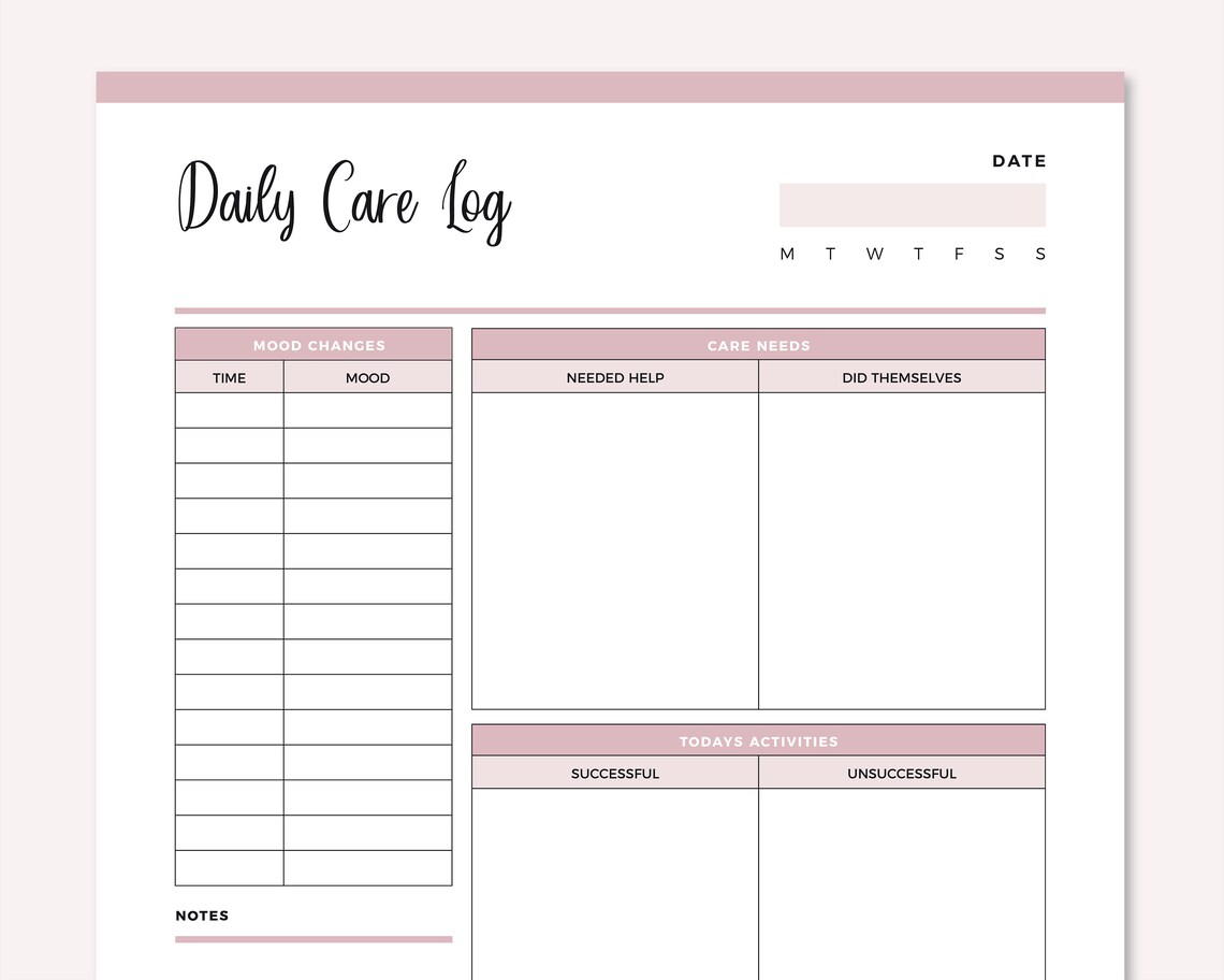 Printable Daily Care Log Journal For Special Needs Carers | Etsy