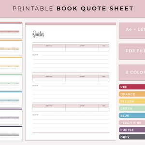 Printable Book Quote Sheet, Book Quote Planner, Quote Tracker, Book Reading Planner, Book Lover Binder, A4 and Letter size