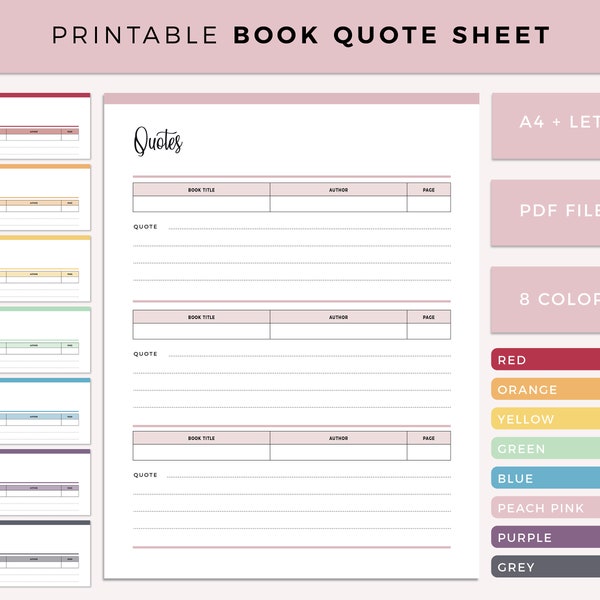 Printable Book Quote Sheet, Book Quote Planner, Quote Tracker, Book Reading Planner, Book Lover Binder, A4 and Letter size