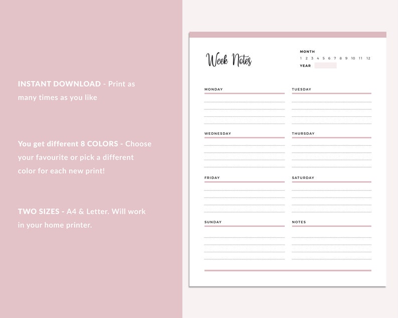 Printable Weekly Notes, Week Notes Planner Insert, Notes Checklist ...