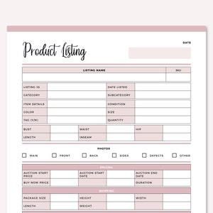 Printable Product Listing Sheet, Ebay Planner, Reseller Information Sheet, 2nd Hand Seller ...