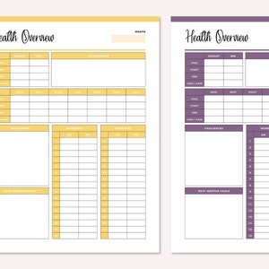 May include: Two printable health tracker pages. The left page is yellow and the right page is purple. Both pages have sections for weight, BMI, goals, challenges, workouts, and next month's goals.
