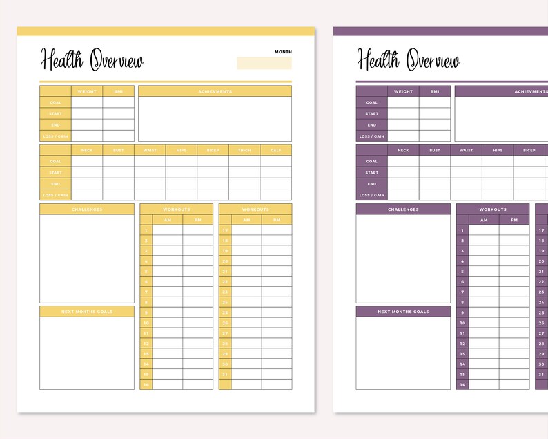May include: Two printable health tracker pages. The left page is yellow and the right page is purple. Both pages have sections for weight, BMI, goals, challenges, workouts, and next month's goals.