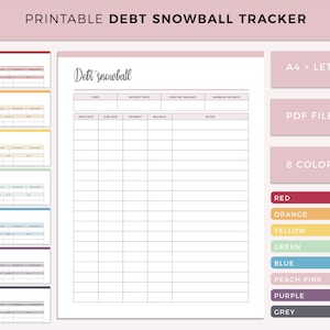 Pode incluir: Rastreador de bola de neve de dívida imprimível em 8 cores: vermelho, laranja, amarelo, verde, azul, rosa pêssego, roxo e cinza. O rastreador inclui colunas para dívida, taxa de juros, saldo inicial, pagamento mínimo, data de pagamento, data de vencimento, pagamento, saldo e notas. O rastreador está disponível nos tamanhos A4 e carta e em formato PDF.