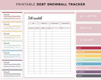 May include: Printable debt snowball tracker in 8 colors: red, orange, yellow, green, blue, peach pink, purple, and grey. The tracker includes columns for debt, interest rate, starting balance, minimum payment, paid date, due date, payment, balance, and notes. The tracker is available in A4 and letter sizes and in PDF format.