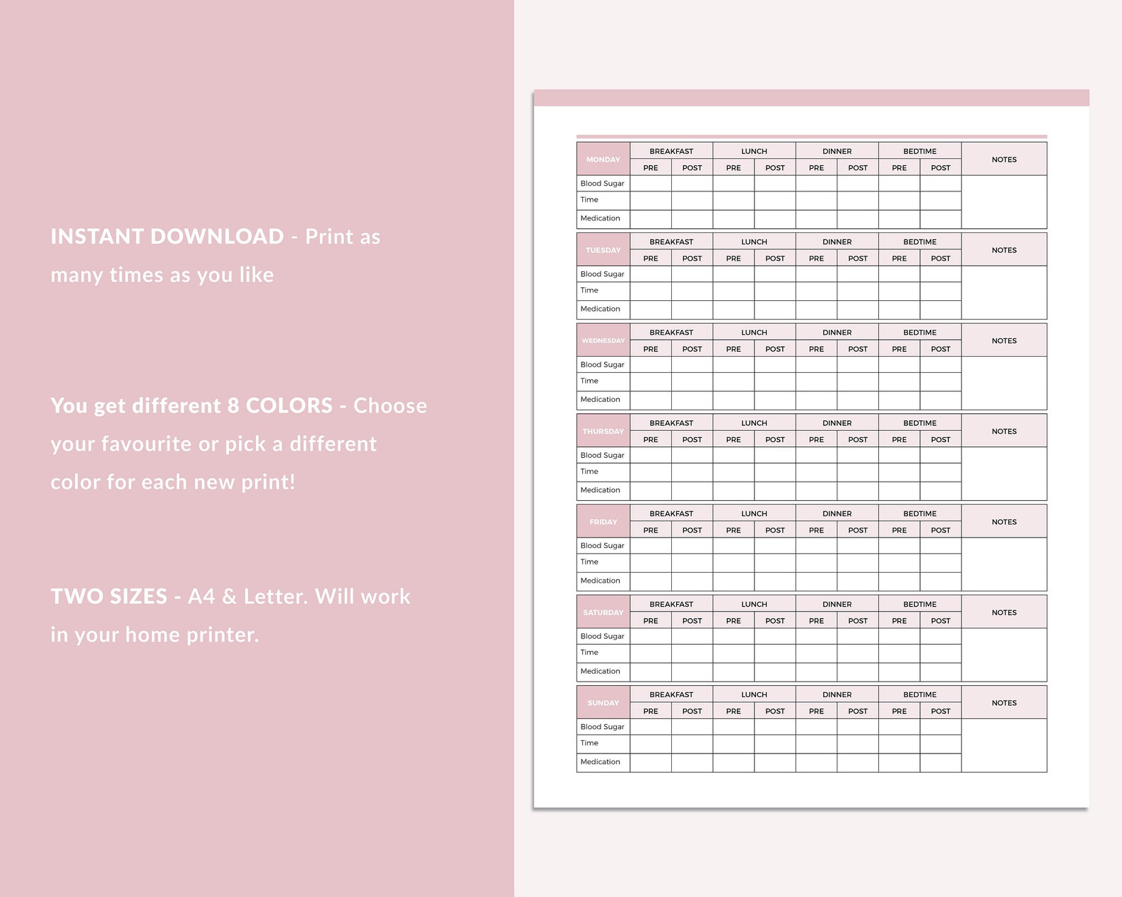 Printable Blood Glucose Chart PDF, Blood Sugar Log, Blood Sugar Tracker ...
