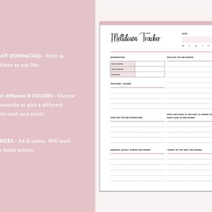 Meltdown Tracker printable special needs carer template in pink featuring date field, weekly calendar, and sections for tracking meltdown information, triggers, explanations, and sensory levels with dotted writing lines.