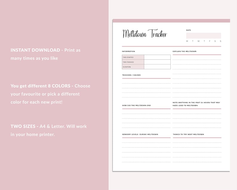 Meltdown Tracker printable special needs carer template in pink featuring date field, weekly calendar, and sections for tracking meltdown information, triggers, explanations, and sensory levels with dotted writing lines.