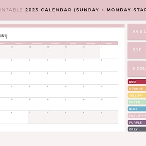 Calendario imprimible 2023, planificador mensual 2023, calendario mensual, inicio en domingo, inicio en lunes, calendario horizontal, tamaño A4 y carta estadounidense,