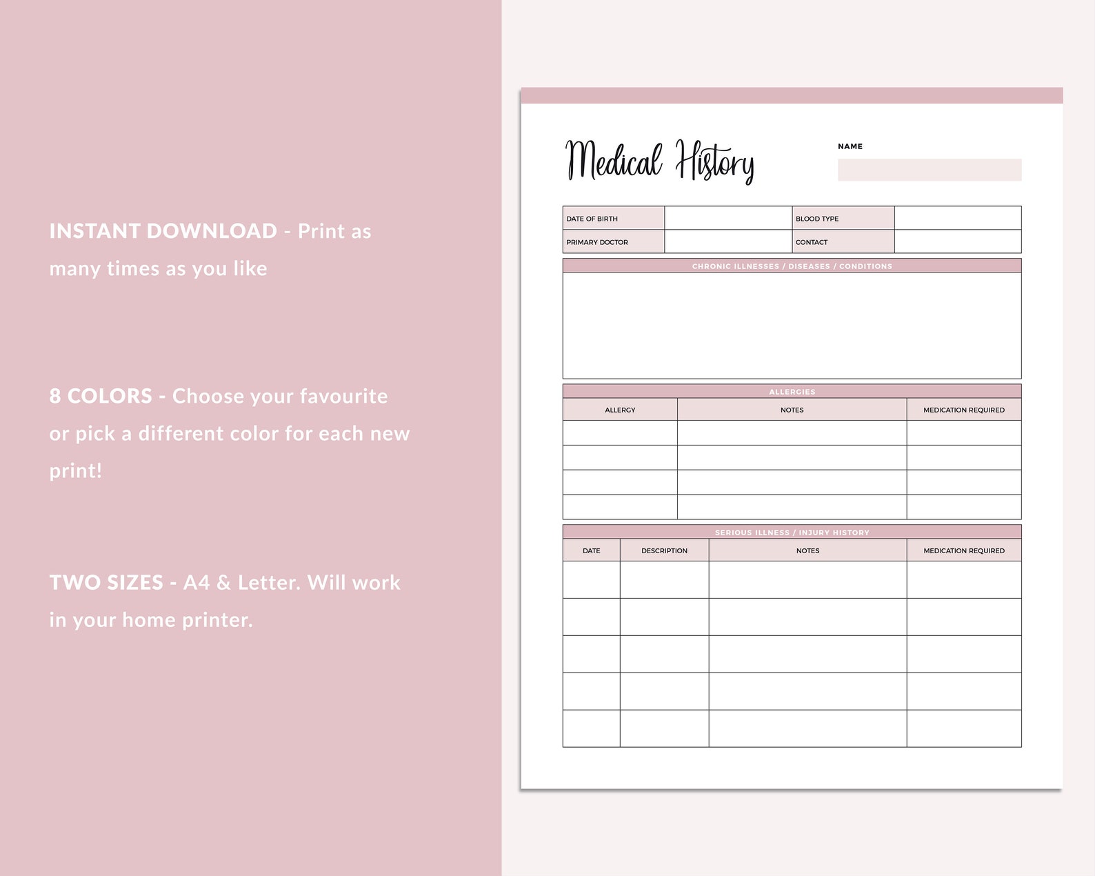 Printable Medical History Form Health Planner Insert Binder Etsy