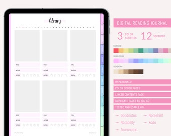 Digital Reading Journal, Digital Book Review Planner, Bookshelf, Reading Notebook, Book Shelf iPad Planner | GoodNotes, Notability, planner