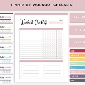Pode incluir: Modelo de lista de verificação de treino imprimível em rosa com um título que diz "Workout Checklist". A lista de verificação tem seções para exercícios diários e semanais, com colunas para cada dia da semana e uma coluna de total. O modelo está disponível em 8 cores: vermelho, laranja, amarelo, verde, azul, rosa pêssego, roxo e cinza. O modelo está disponível nos tamanhos A4 e Letter e como arquivo PDF.