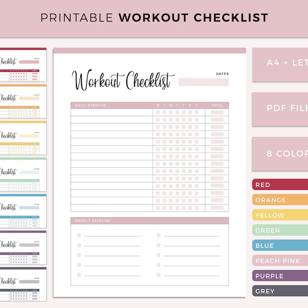 Printable Workout Checklist, exercise tracker printable, work out planner, exercising log, A4 and US letter personal training log