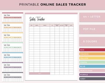 May include: Printable online sales tracker with a white background and a pink border. The tracker includes sections for date, order number, product, quantity, purchase price, sale price, shipping fees, and profit. The image also shows 8 color options.