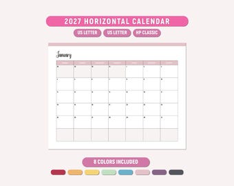 Druckbarer Kalender 2027 Querformat, horizontaler Wandkalender, Jahreskalender 2027, das Jahr auf einen Blick, A4/Letter/Happy Planner, druckbare PDF
