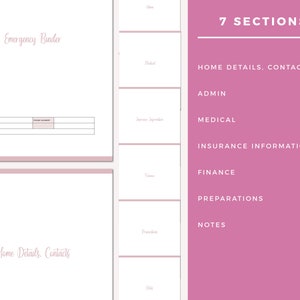 Emergency binder table of contents showing 7 main sections: home details and contacts, admin, medical, insurance information, finance, preparations, and notes in pink and white layout.