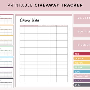 Giveaway Tracker Printable, Business Planner, Blog Planner, social media influence give away tracking sheet, A4 and letter size