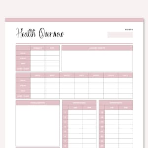 May include: A printable health overview tracker with sections for weight, BMI, measurements, achievements, challenges, and workouts. The tracker is designed to be used for a month.