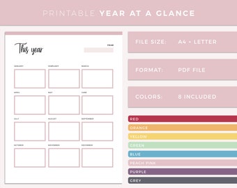 Printable year at a glance planner page, print at home yearly calendar overview for planning folios, simple year recap page, A4 and Letter