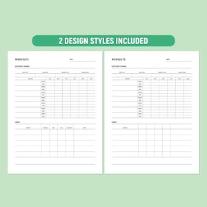 May include: Two-page workout planner with a green banner reading "2 DESIGN STYLES INCLUDED." The pages are white with black text, featuring sections for resistance training and cardio exercises, including space for sets, reps, and notes.