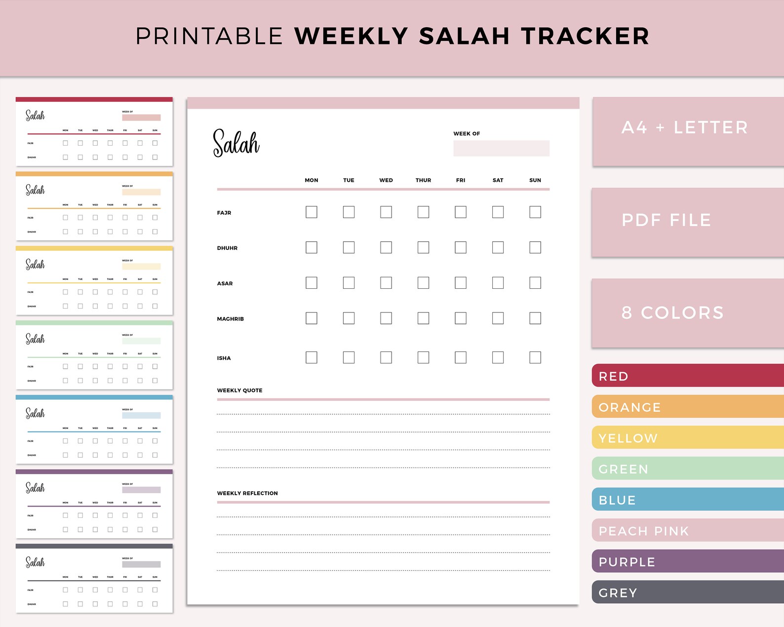 Printable Weekly Salah Tracker, Daily Salah Log, Islamic Prayer Planner ...