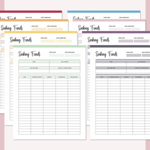 May include: A set of printable sinking fund trackers with different colored backgrounds. Each tracker has sections for fund name, goal amount, goal end date, monthly contributions, date, starting amount, deposit, withdrawal, and new balance.