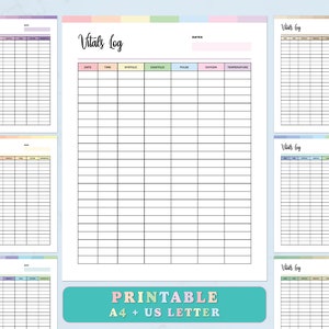 Printable Vitals Log, Blood Pressure Log, Vital signs Sheet, Vital sign sheet Vitals Log, Vital Signs Template, Vitals Tracker