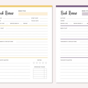 Two book review template pages in yellow and purple showing complete layout with colored top bars and all sections including book title fields, author info, plot area, reflections section, favorite quotes, rating stars, and notes table.