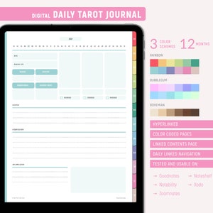 Diario digitale giornaliero dei tarocchi, pianificatore di lettura delle carte, diffusione dei tarocchi a 3 carte, lettura quotidiana dei tarocchi, taccuino dei tarocchi, pianificatore per iPad delle streghe
