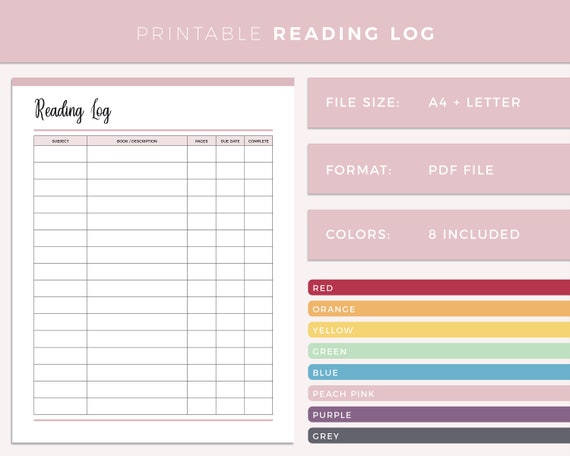 Printable reading log, print at home reading list planner for school students, college and university extra reading homework tracker