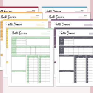 May include: A set of six printable health overview trackers in different colors: red, orange, yellow, green, purple, and gray. Each tracker includes sections for weight, measurements, challenges, workouts, and next month's goals.