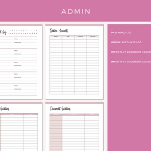 Emergency binder admin section featuring password log, online accounts tracker, important document location pages, and document locations table with pink and white design.