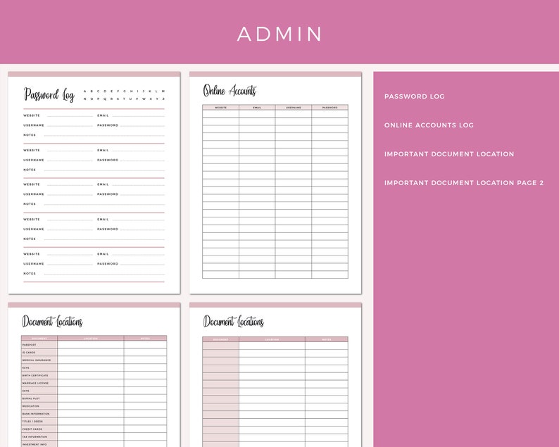 Emergency binder admin section featuring password log, online accounts tracker, important document location pages, and document locations table with pink and white design.