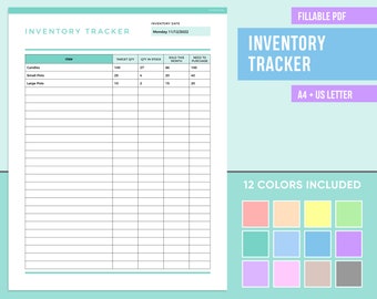 Könnte beinhalten: Ein druckbarer Inventar-Tracker mit einem hellblauen und weißen Farbschema. Der Tracker hat Spalten für Artikel, Zielmenge, Lagerbestand, in diesem Monat verkauft und zu kaufen. Der Tracker ist für die Verwendung mit Stift oder Bleistift konzipiert.
