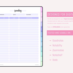 Spending tracker page in light purple tones with columns for date, amount, and description/notes, alongside text describing the file as designed for digital annotation apps with hyperlinked buttons and compatibility with Goodnotes, Notability, Zoomnotes, Noteshelf, and Xodo.