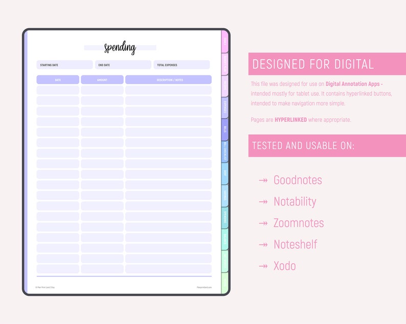 Spending tracker page in light purple tones with columns for date, amount, and description/notes, alongside text describing the file as designed for digital annotation apps with hyperlinked buttons and compatibility with Goodnotes, Notability, Zoomnotes, Noteshelf, and Xodo.