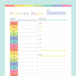 Kids daily planner for kids printable with horizontal layout featuring Schedule column with time slots from 6AM to 8PM in pastel colors, Things To Do list with matching colored boxes, date picker with M-S days, and Notes section.
