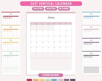 2027 Vertikaler Kalender, Portrait Jahresplaner, 8 Farben (Digitaler Download)
