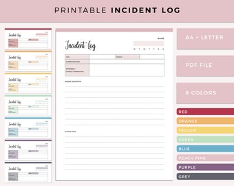 Puede incluir: Un registro de incidentes imprimible con el título "PRINTABLE INCIDENT LOG". Está disponible en tamaños A4 y Carta, como archivo PDF y en 8 colores. El registro incluye secciones para la hora, los involucrados, los testigos, la descripción del incidente y las acciones tomadas.