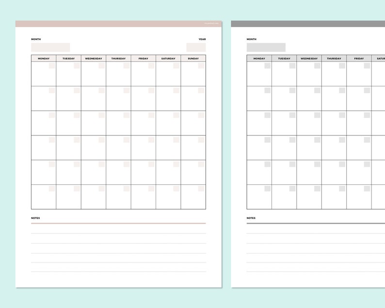 Two calendar templates in beige and gray tones displaying the blank monthly calendar template format with seven-day layout and notes section below the grid.