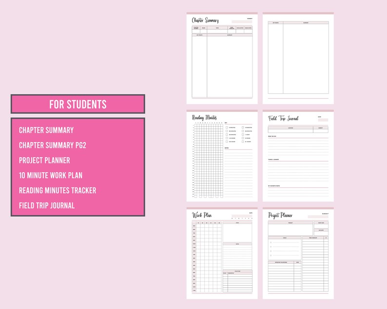 May include: A printable student planner with sections for chapter summaries, project planning, reading minutes tracking, and a field trip journal.