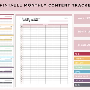 Printable Monthly Content Tracker, Blog Content tracker, Social Media Content planner, Marketing Content tracker, content tracking