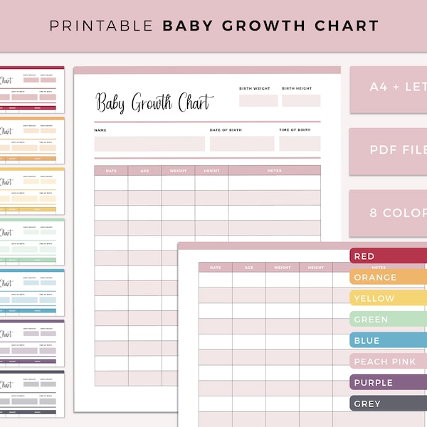 Printable Baby Growth Chart, Infant Growth Log, Growth Tracker, Newborn Milestones, Height Tracker, Size Tracking, A4 and US Letter Size