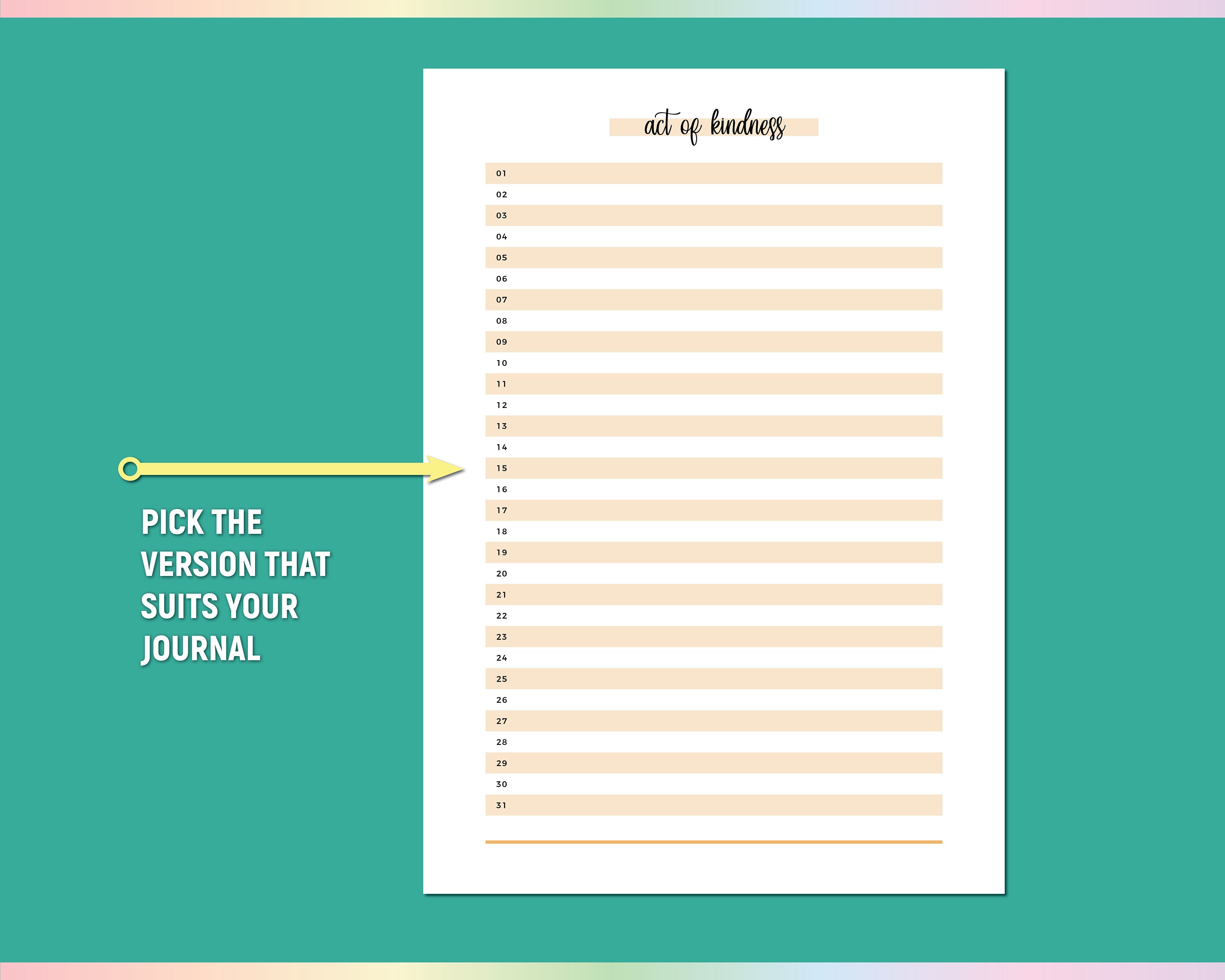 A5 One Act of Kindness Daily Template, Printable Kind Act Tracker ...