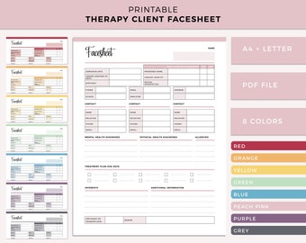 May include: Printable therapy client facesheet template in 8 colors: red, orange, yellow, green, blue, peach pink, purple, and grey. The template includes sections for client information, contact details, mental and physical health diagnoses, treatment plan, interests, and additional information.