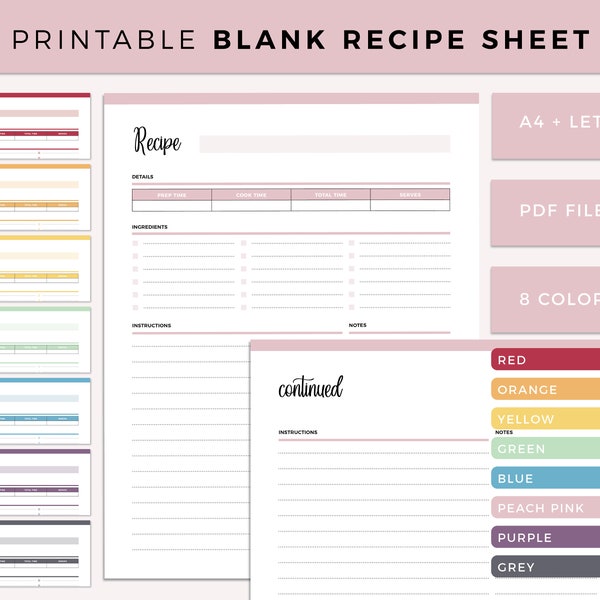 Blank Recipe Template Printable, Recipe Book Template, Recipe Page Template, Recipe Card Printable, Cookbook Template, Recipe Planner