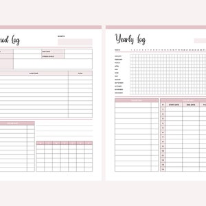 Pink Period Log symptom page and Yearly Log page from the printable period tracker. The log page has start date, end date, arrival, stress levels, notes and a day 1 to 10 table with symptoms and flow columns. The yearly page lists January to December with day boxes 1 to 31 and a table of start dates, end dates and number of days.